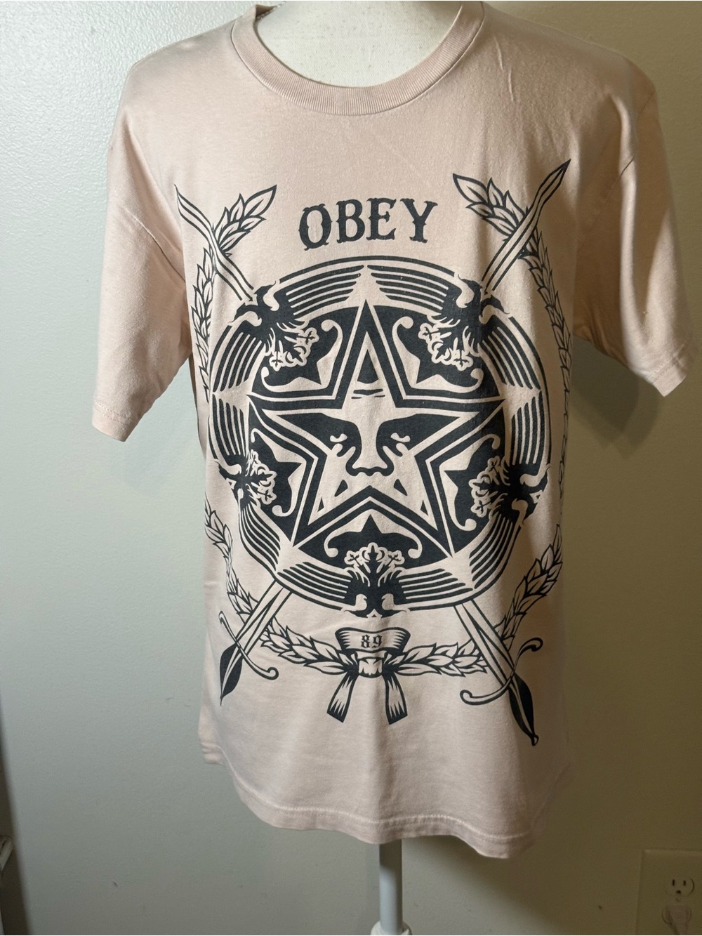 OBEY Men's Light Pink/beige Graphic Logo Tee